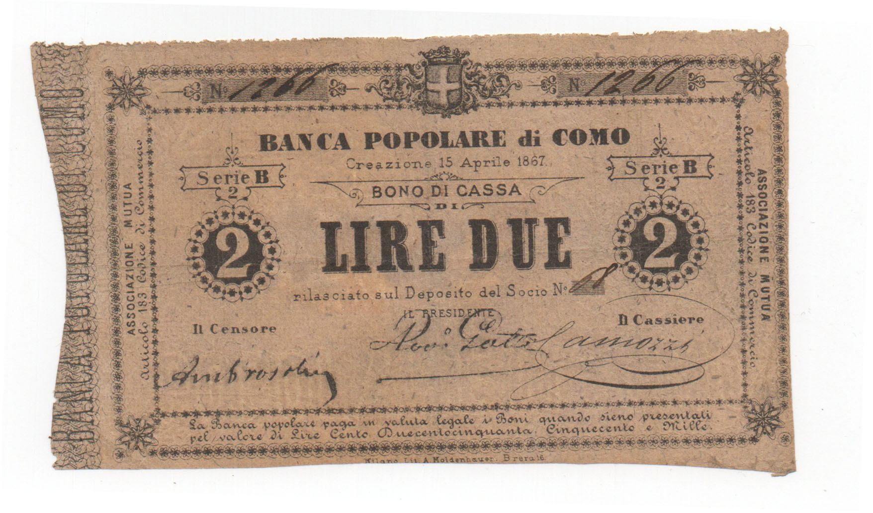 2 lire Banca Popolare di Como 15 aprile 1867